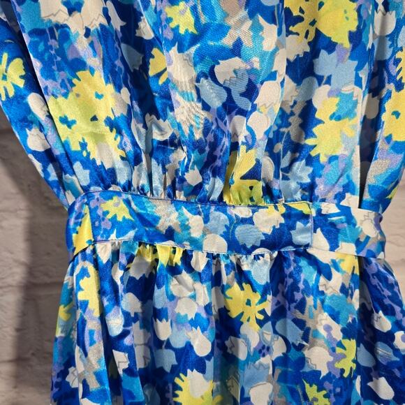 L Oscar De La Renta Pink Label VTG Blue Floral Slip & Robe Set Sze L Satin Bloom - Picture 9 of 16